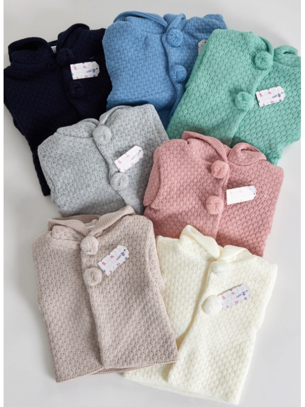 Chaqueta con capucha de punto doble Pompom